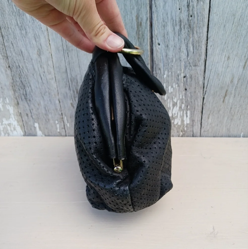 Vintage Perforated‎ Leather Black Clutch Purse Magnet Closure